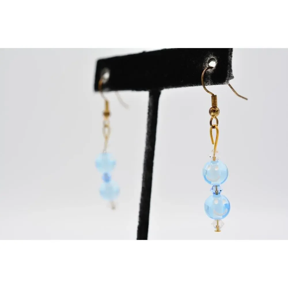 Dangle Beaded Earrings Sky Blue Happy Face Crystal Drop Round 1990s BinAA